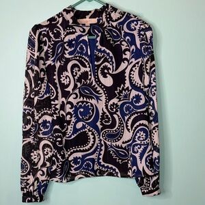 LOFT Women's Blue and Black Paisley Blouse with metallic sheen